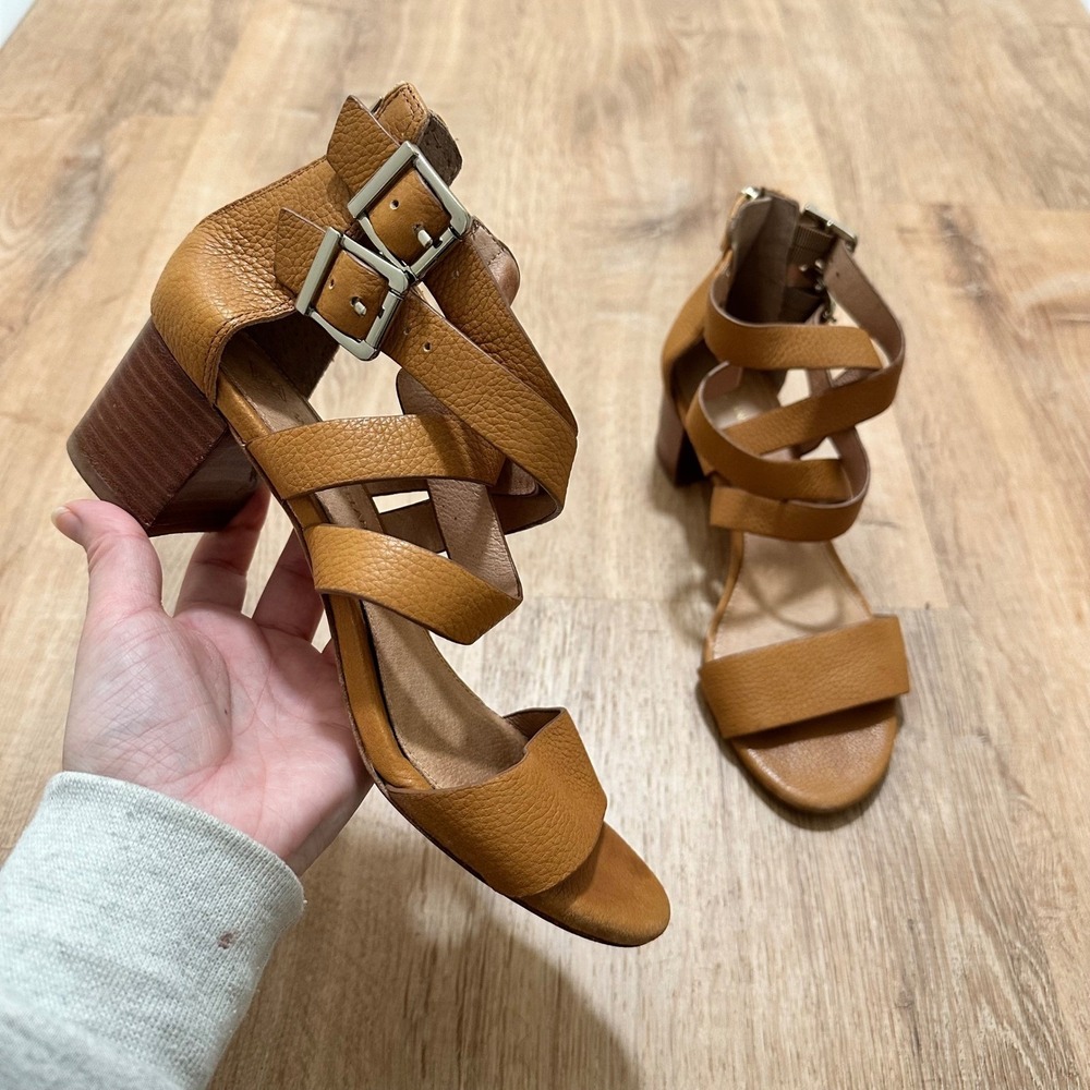 ANTONIO MELANI Tan Strappy Block Heel Sandals